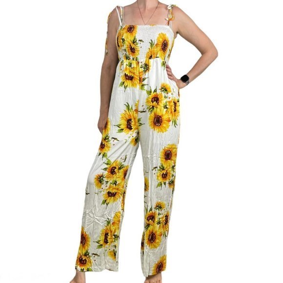 Floral Blooming Pants - FLORAL BLOOMING White Sunflower Ruched Jumpsuit XL